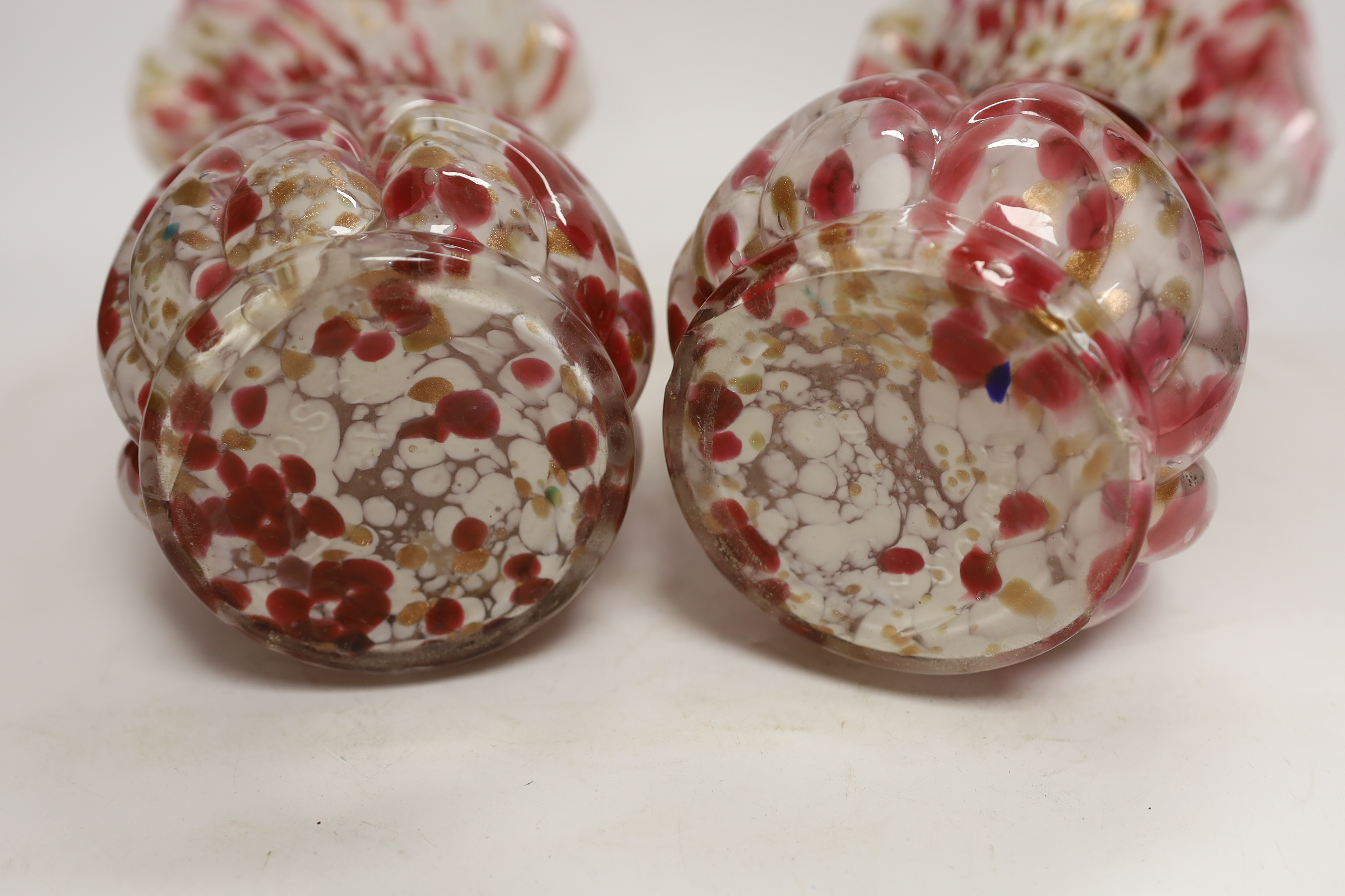 A pair of French red and white glass vases, marked Depose, 29cm high